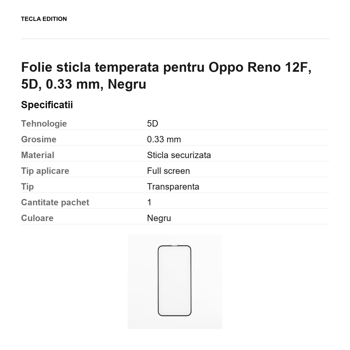 Folie sticla temperata pentru Oppo Reno 12F, 5D, 0.33 mm, Negru