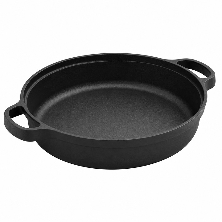 Tigaie din Fonta 35 cm, cu 2 Manere, 6.5 cm Inaltime, Volum 5 L, pentru Aragaz, Cuptor si Gratar
