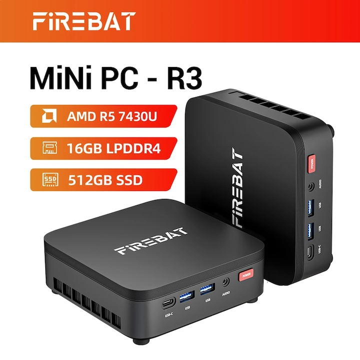 Mini PC Firebat R3 AMD Ryzen 5 7430U, 16GB LPDDR4, 512GB M.2 SATA SSD, dual display 4K (HDMI 2.1 + DP 1.4), Wi-Fi 6, Bluetooth 5.2, Windows 11 Pro, Negru, 129×128×41 mm