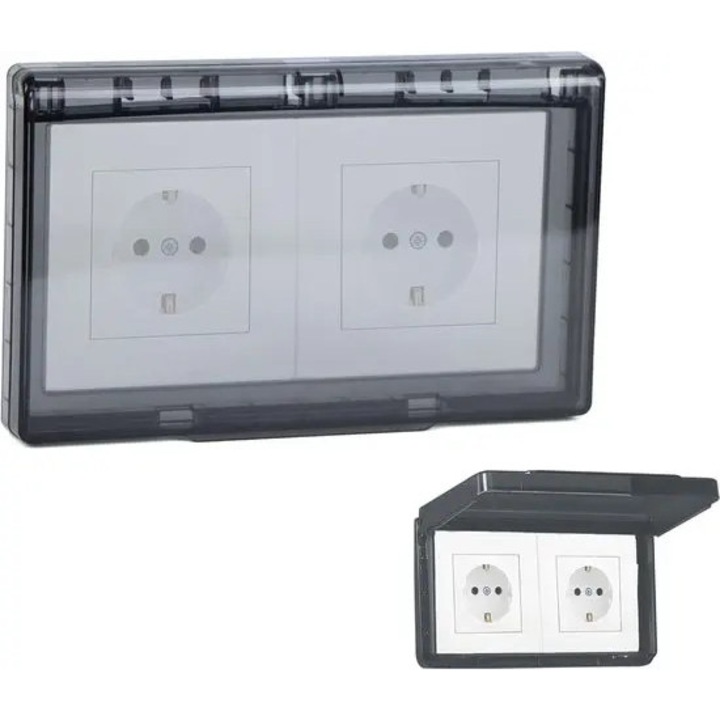Capac etans pentru priza dubla, K0255-0810-CDCJ5287, abatabil, rezistent la apa, plastic transparent fumuriu, 20 x 12 x 2 cm, set 2 bucati