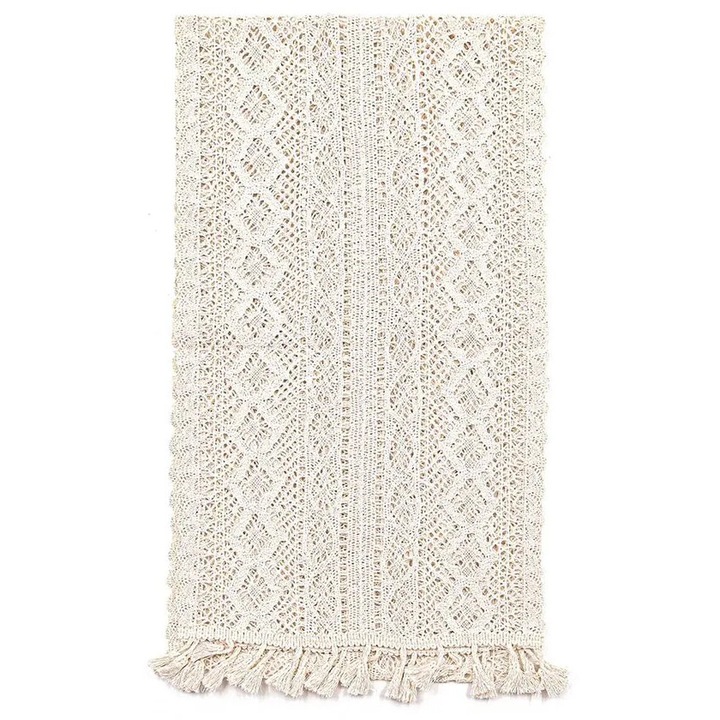 K0255-0810-CDCJ31643 asztali futó, kézzel készített (horgolt) pamutból, boho stílusú, bojtokkal, elefántcsont színű, 24 x 180 cm
