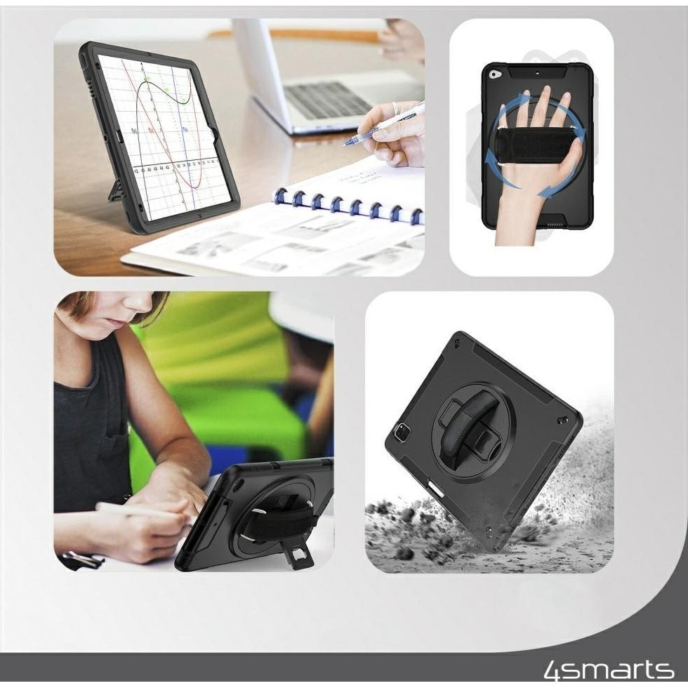 Husa tableta 4smarts Rugged Case Grip 540408, armurata cu maner rotativ si curea de prindere, negru, compatibila cu Samsung Galaxy Tab S10 Lite / S10 FE / S9 FE / S9 / S8 / S7