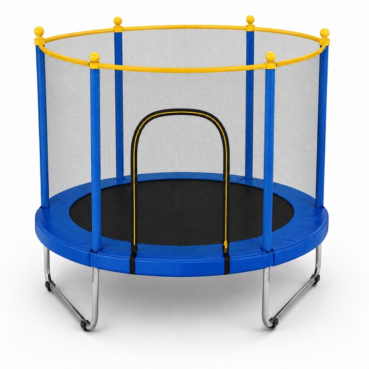Trambulin gyerekeknek, PinkBlue, 140 x 125 cm, biztonsági hálóval, fémvázzal, beltéri és kültéri használatra, 3-6 éves korig, kék