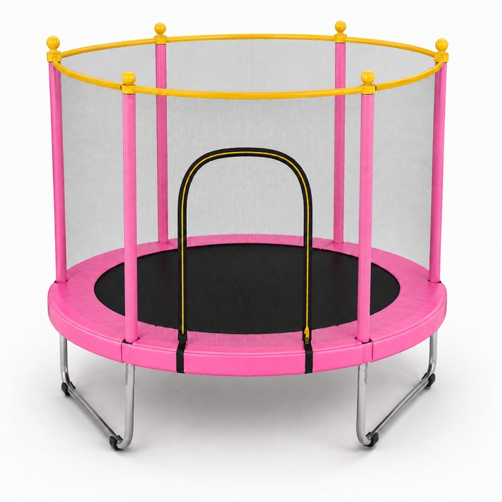 Rózsaszín-kék Gyermek Trambulin 140 x 125 cm, biztonsági hálóval, fémvázzal, beltéri és kültéri használatra, 3-6 éves korig, rózsaszín