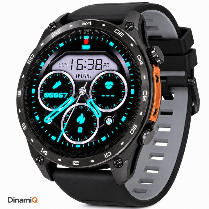 Smartwatch DinamiQ Model HD300 Pro, AMOLED 1.43 inch, GPS integrat, harti offline, memorie 4 GB, apeluri Bluetooth, peste 100 cadrane, busola, altimetru, barometru, baterie 530 mAh, Android/iOS