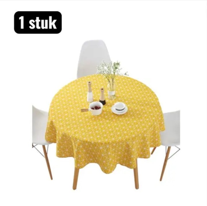 Kerek asztalterítő K0255-0810-CDCJ30376, pamut-poliészter, geometrikus mintás, gyűrődésálló, sárga, O 150 cm, 1 db.