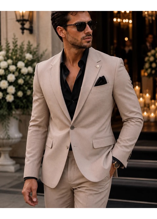 Sacou elegant pentru botez si evenimente de familie, blazer Slim Fit pentru barbati, ideal pentru tata, nas, invitati, cununie si petreceri elegante, Bej melange