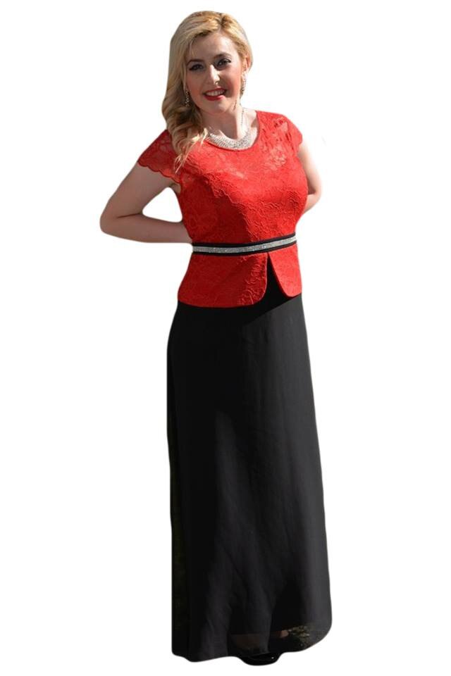 Rochie lunga din voal si dantela , D&J Exclusive, negru-rosu