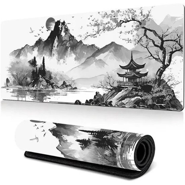 Mouse pad extra mare K0255-0810-CDCJ31773, design pictura in cerneala, suprafata fina pentru control precis, baza antiderapanta din cauciuc natural, 40 x 90 x 0.3 cm, negru/gri