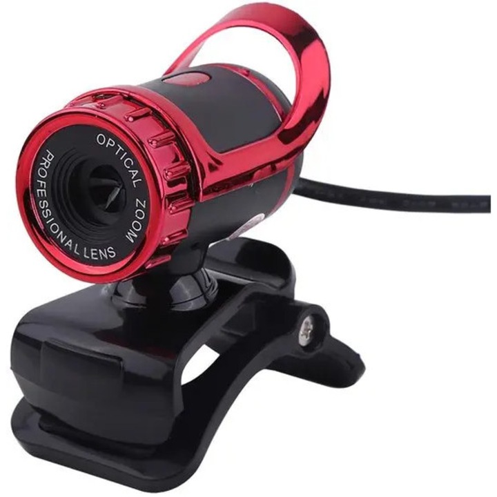 Уеб камера K0255-0810-CDCJ32135, USB с щипка, въртяща се на 360%, вграден микрофон, автоматична корекция на цвета, HD, plug-and-play, червено/черно