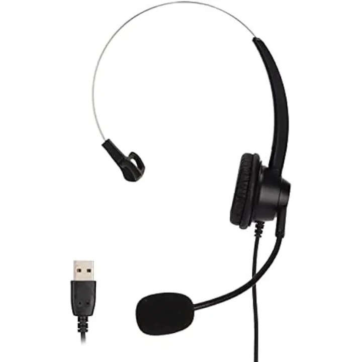 Слушалки USB K0569-260810-2736-AMC, моно (една слушалка), микрофон с намаляване на шума, plug-and-play, ултра лек комфорт, дълъг кабел, черни