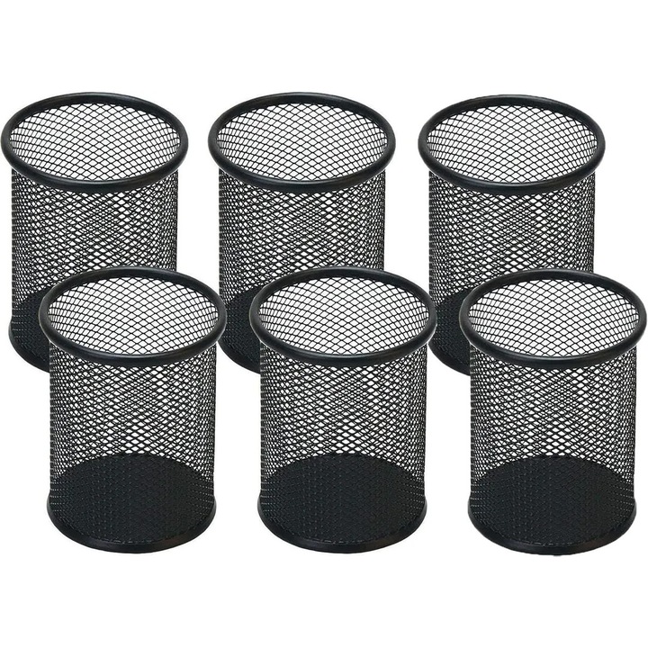 Suport pentru pixuri din plasa metalica, organizator de birou, negru, set 6 buc