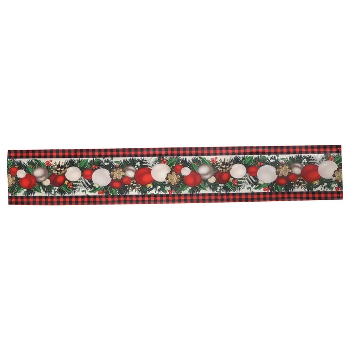 K0255-0810-CDCJ30929 asztali futó, lenvászon, karácsonyi témájú, piros és fekete kockás mintával és gömb díszítéssel, többszínű, 33 x 183 cm