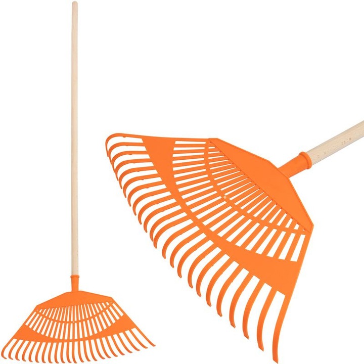 Lombseprű, gereblye, Strend Pro R144, zöld, 23 fogú, műanyag fej, fa nyél, 54 cm munkaszélesség, 125 cm nyél