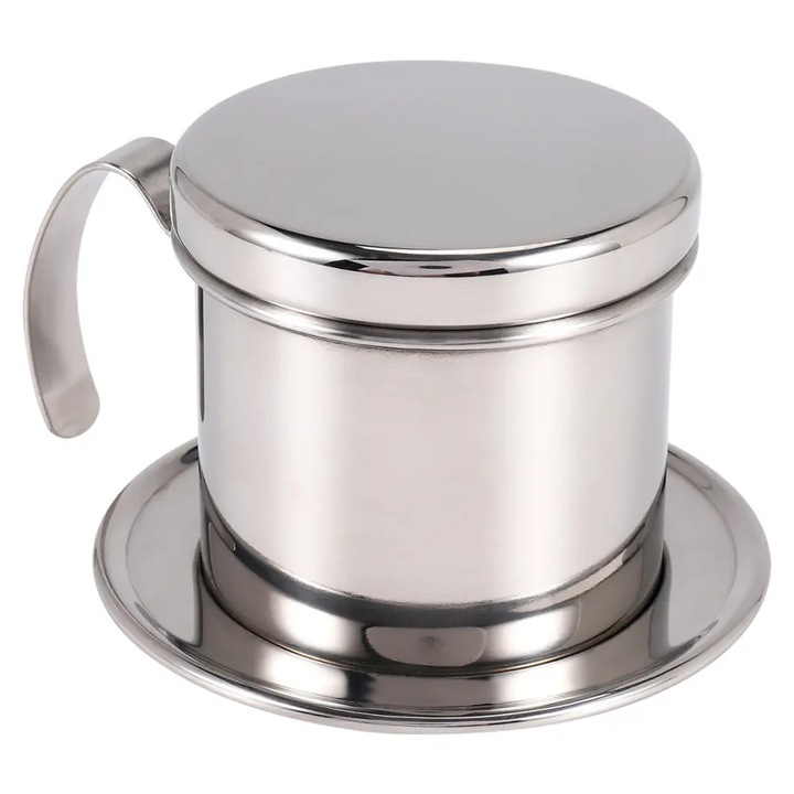 Filtru de cafea vietnamez din otel inoxidabil, reutilizabil fara hartie filtranta, cu presa detasabila, argintiu
