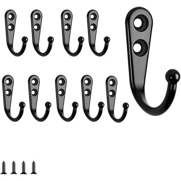 Set 10 carlige de perete K0255-0810-CDCJ35216, din aliaj de zinc, negru, cu suruburi de montaj
