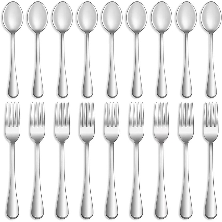 Set tacamuri 16 piese K0255-0810-CDCJ37706, inox lucios, 8 furculite de masa + 8 lingurite, rezistent la masina de spalat, argintiu