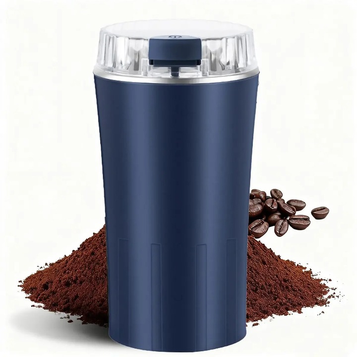 Rasnita electrica pentru cafea K0255-0810-CDCJ37980, 300W, 8 lame din otel inoxidabil, capac transparent, portabil, silentioasa, albastru inchis