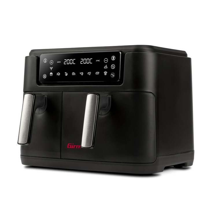Friteuza cu aer Girmi FG26 Ecofrit Bis, 2400 W, 9 litri, recipiente antiaderente, afisaj digital, siguranta BPA/PFOA, 2 zone de gatit separate, inclusiv carte de retete, negru