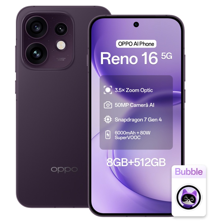 Telefon mobil OPPO Reno 16, 512GB, 8GB RAM, 5G, Purple Black + Oppo B-Bubble