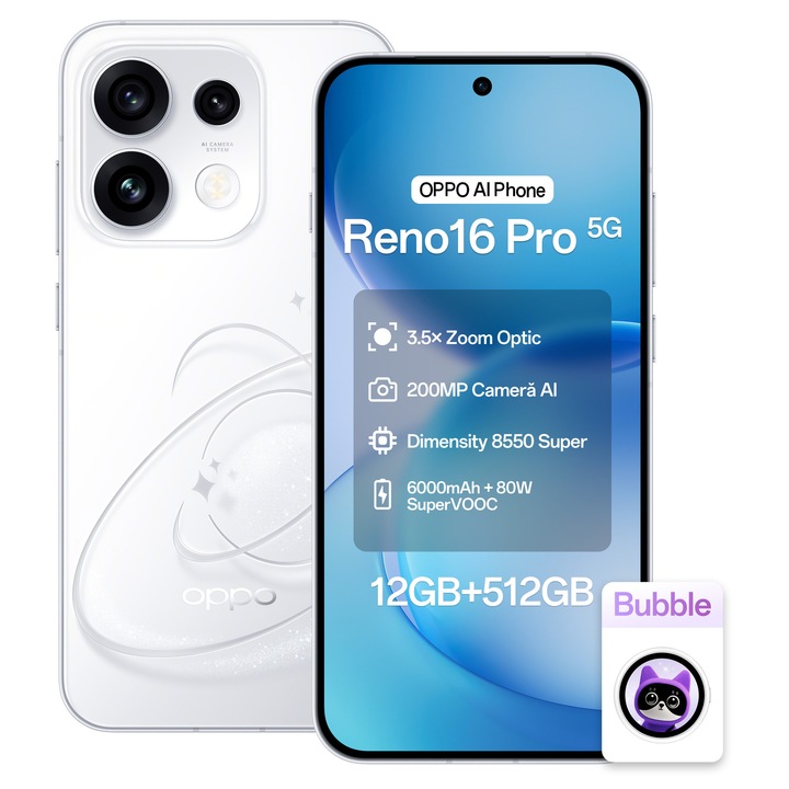 Telefon mobil OPPO Reno 16 Pro, 512GB, 12GB RAM, 5G Dual SIM, Baterie 7000mAh, AI Photography, 200 MP, Pop White + Oppo B-Bubble
