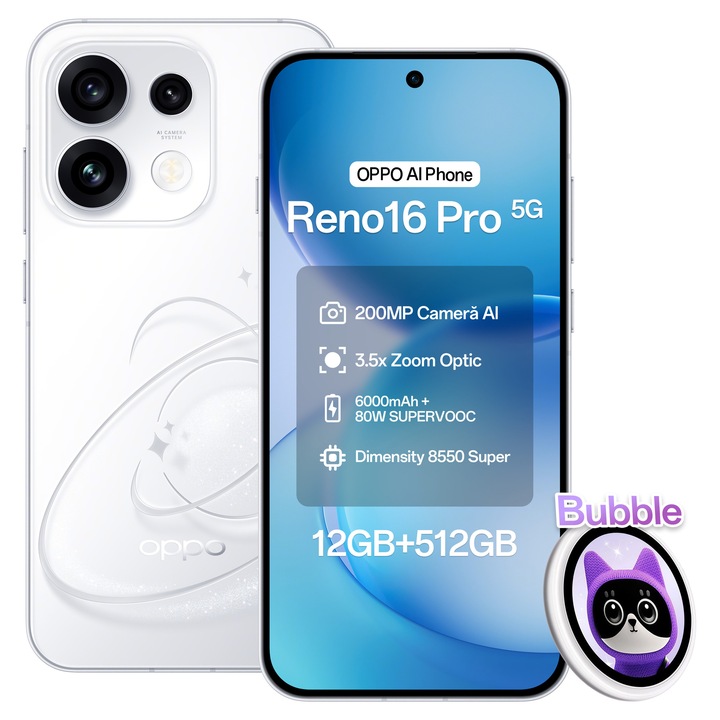 Telefon mobil OPPO Reno 16 Pro, 512GB, 12GB RAM, 5G Dual SIM, Baterie 6000mAh, 200 MP Camera AI, Pop White+ Oppo Bubble E-Badge