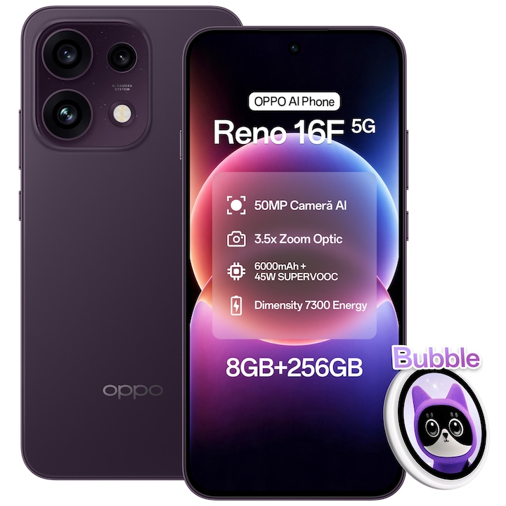 Telefon mobil OPPO Reno 16 F, 256GB, 8GB RAM, 5G Dual SIM, Baterie 7000mAh, Purple Black