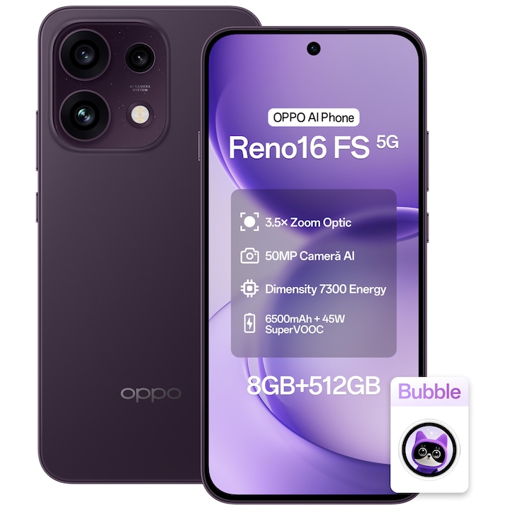 Telefon mobil OPPO Reno 16 FS, 512GB, 8GB RAM, 5G Dual SIM, Baterie 6500mAh, Purple Black