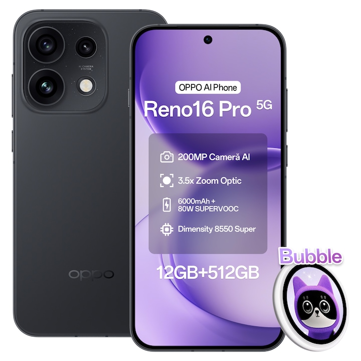 Telefon mobil OPPO Reno 16 Pro, 512GB, 12GB RAM, 5G Dual SIM, Baterie 6000mAh, 200 MP Camera AI, Starlight Black+ Oppo Bubble E-Badge