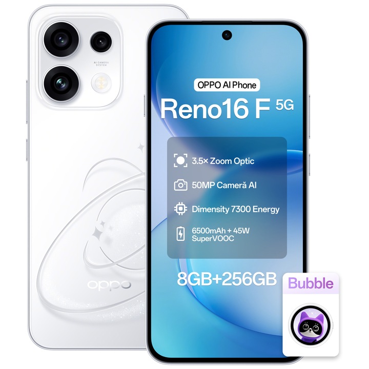Telefon mobil OPPO Reno 16 F, 256GB, 8GB RAM, 5G Dual SIM, Baterie 7000mAh, Pop White +Oppo B-Bubble