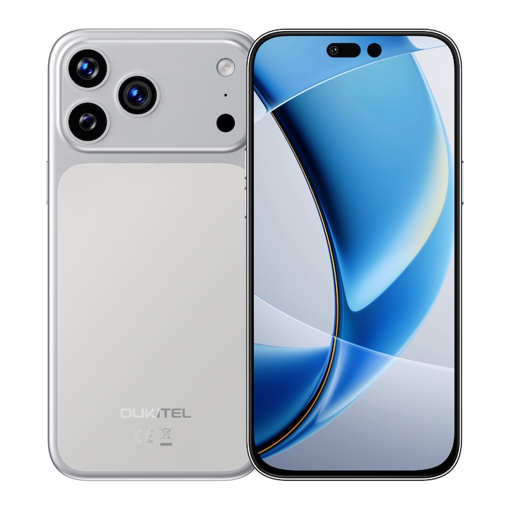 OUKITEL C17 Plus mobiltelefon, ezüst, 4G LTE, NFC, 6.9" 120Hz, 16GB RAM (4GB + 12GB bővíthető), 128GB, 64MP kamera, 5000mAh, Android 16, Dual SIM ezüst