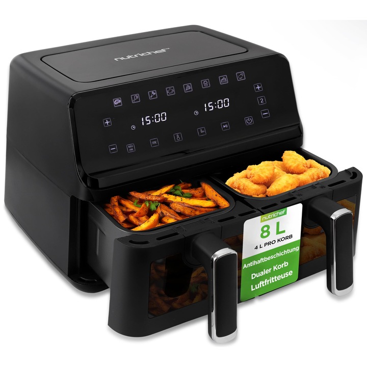 NutriChef Hot Air Fryer 8L Double, Friteuza cu 2 compartimente, fereastra de vizualizare & 9 programe, max. 360 °C, acoperire antiaderenta neagra, se poate spala in masina de spalat vase, prajeste fara ulei, compact si sigur