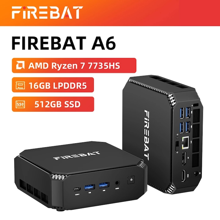 Mini PC Firebat A6-IG7A16N8-L, AMD Ryzen 7 7735HS, Radeon 680M, 16GB LPDDR5, 512GB M.2 PCIe SSD, Wi‑Fi 6, 2.5G LAN, HDMI 2.1 + DP 1.4 dual 4K, Windows 11 Pro/Home, negru, 128×128×37 mm