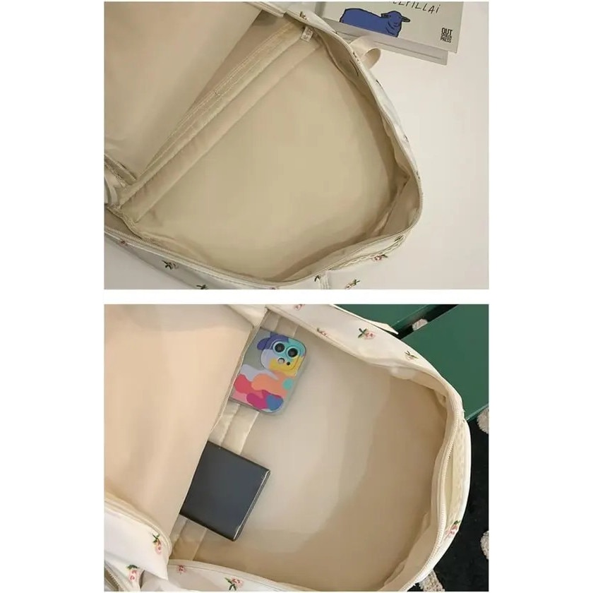 Rucsac din nylon impermeabil, cu imprimeu floral si 8 buzunare, pentru laptop 15,6\", alb cu flori roz, 30 x 18 x 43 cm
