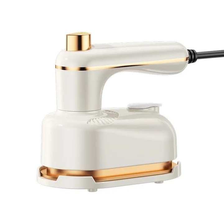 Fier de calcat portabil cu aburi K0255-0810-CDCJ38377, 2-in-1 (uscat/aburi), alb cu detalii aurii, maner rotativ 0°/90°/180°, rezervor apa