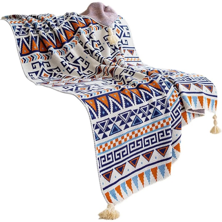 Patura decorativa boho din acril, model geometric cu ciucuri, multicolor, 100 x 70 cm