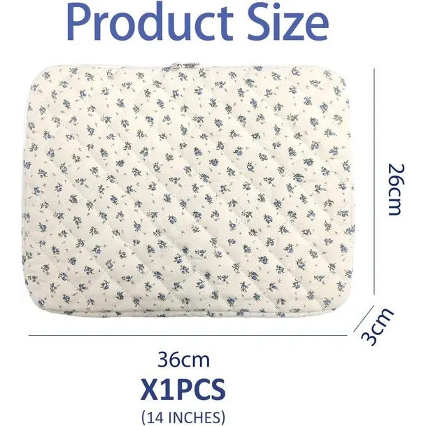 Husa pentru laptop din material textil matlasata, cu imprimeu floral, albastru, 14 inch