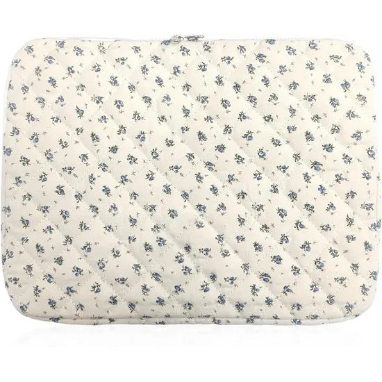 Husa pentru laptop din material textil matlasata, cu imprimeu floral, albastru, 14 inch