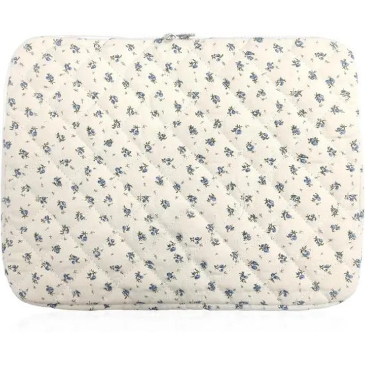 Husa pentru laptop din material textil matlasata, cu imprimeu floral, albastru, 14 inch
