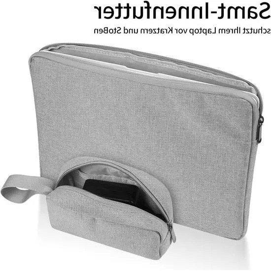 Husa pentru laptop din PU, rezistenta la apa, cu captuseala din fleece si borseta accesorie inclusa, gri, 13–13,6 inch
