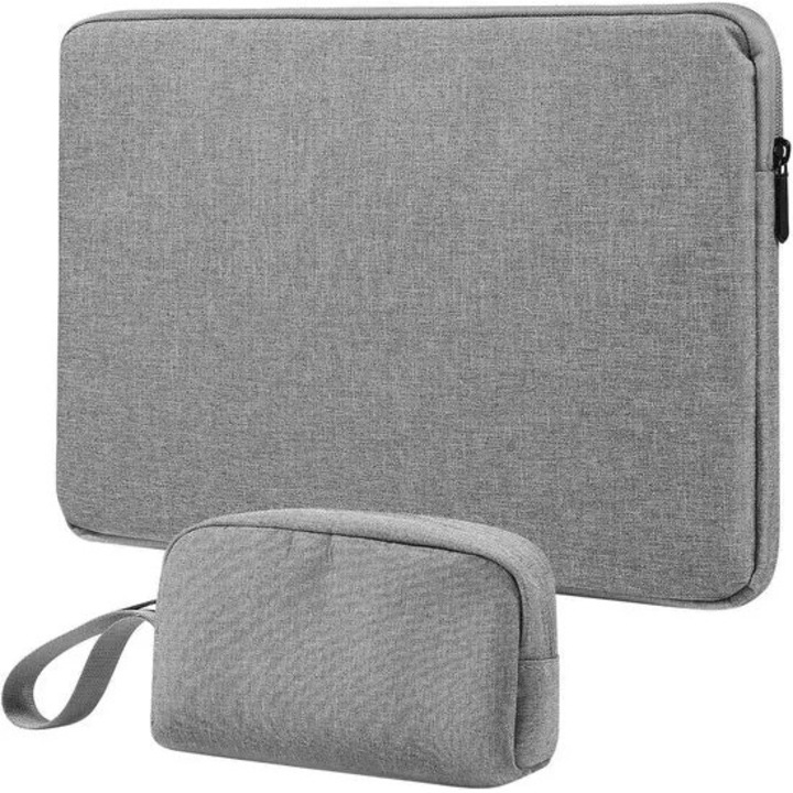 Husa pentru laptop din PU, rezistenta la apa, cu captuseala din fleece si borseta accesorie inclusa, gri, 13–13,6 inch