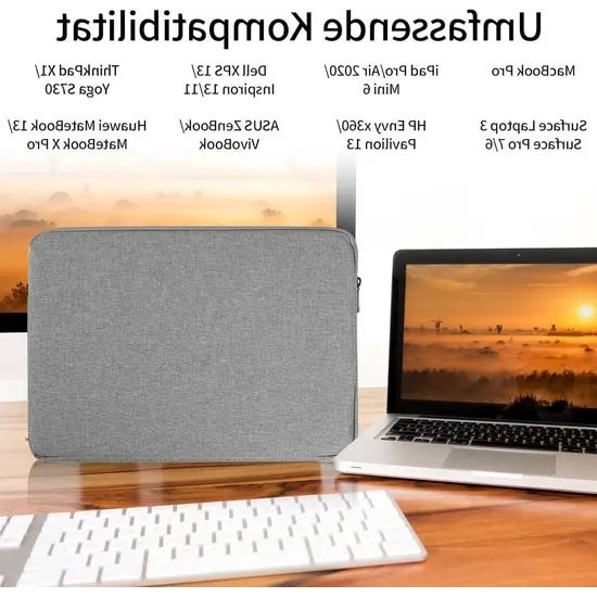 Husa pentru laptop din PU, rezistenta la apa, cu captuseala din fleece si borseta accesorie inclusa, gri, 13–13,6 inch