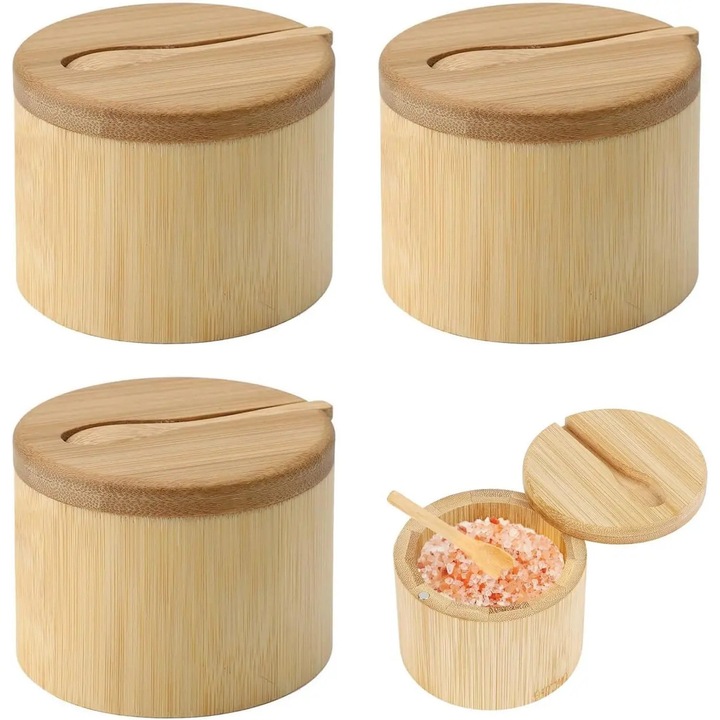 Set de 3 recipiente pentru sare din bambus K0255-0810-CDCJ41643, capac rotativ magnetic etans, include lingurite, natural
