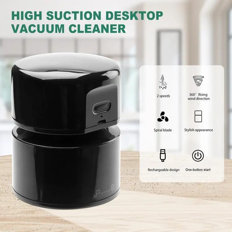 Aspirator de birou portabil K0255-0810-CDCJ42941, reincarcabil USB, baterie 1800mAh cu 120 min autonomie, recipient praf 58ml, aspiratie 9000 rpm, oprire automata, negru