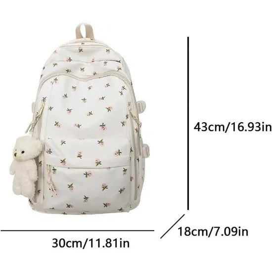 Rucsac din nylon impermeabil, cu imprimeu floral si 8 buzunare, pentru laptop 15,6\", alb cu flori roz, 30 x 18 x 43 cm