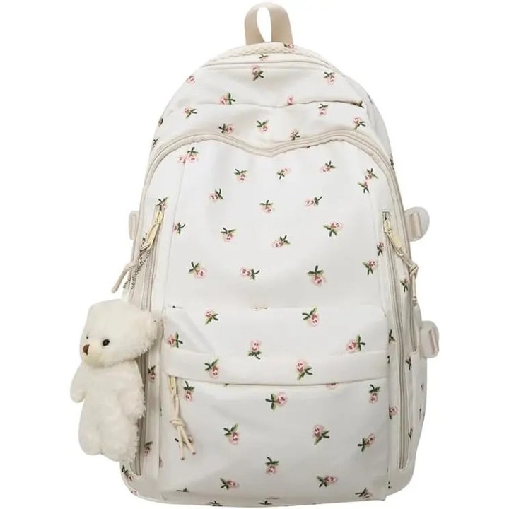 Rucsac din nylon impermeabil, cu imprimeu floral si 8 buzunare, pentru laptop 15,6\", alb cu flori roz, 30 x 18 x 43 cm