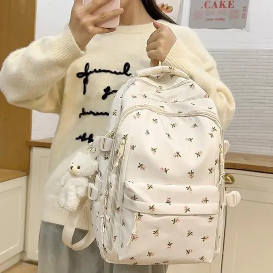 Rucsac din nylon impermeabil, cu imprimeu floral si 8 buzunare, pentru laptop 15,6\", alb cu flori roz, 30 x 18 x 43 cm