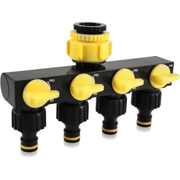 Distribuitor apa 4 cai K0255-0810-CDCJ43742, compatibil robinet 1/2"/3/4"/1", ventile individuale on/off, plastic rezistent, negru/galben
