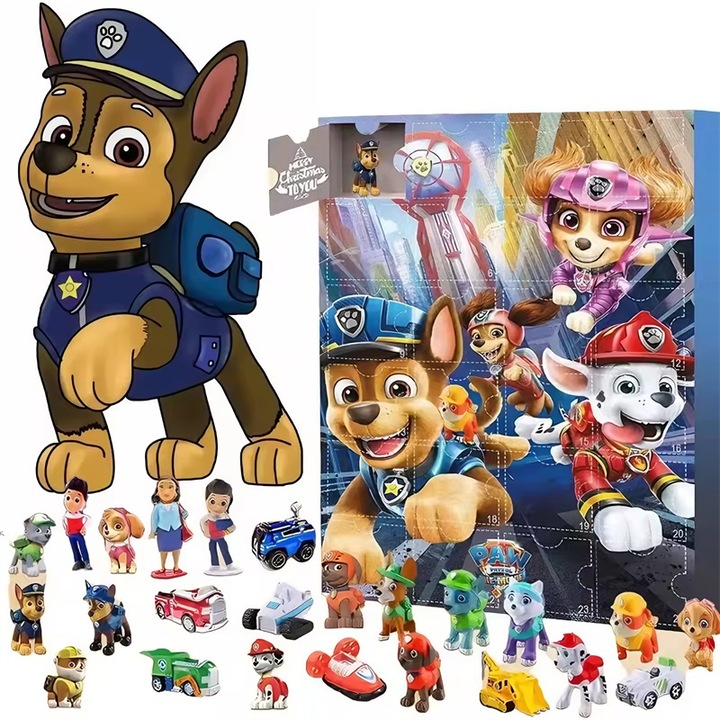 Адвент календар, Кутия за щори PAW Patrol, Chelfonds®, Съдържа анимационни играчки, Мистериозен подарък с фигурки и декоративни предмети, 24 модела