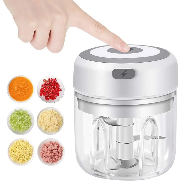 Blender portabil mini K0255-0810-CDCJ40213, 250 ml, motor puternic, un buton, blocare de siguranta, vase si lame detasabile, alb/transparent